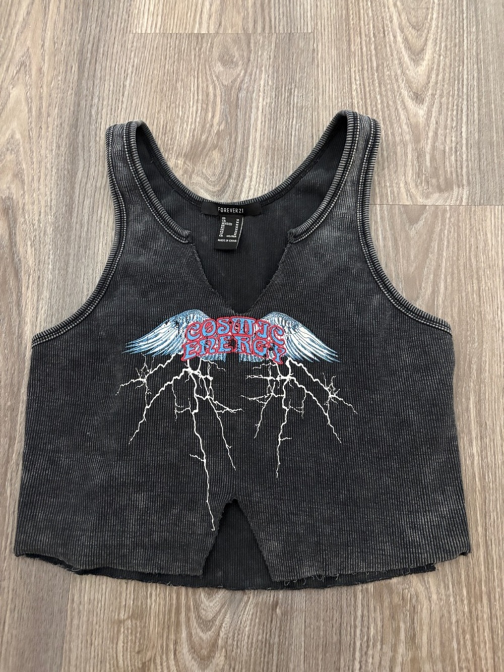 Forever 21 Black Ribbed Graphic Crop Tank with Winged 'Cosmic Energy' Print
